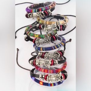 Six Pack Leather Owl Aztec Macrame Wrap Bracelets Wholesale